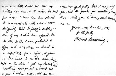 Brief an William G. Kingsland, betreffend die angebliche Unklarheit seiner Poesie und seines Schreibens, geschrieben in 19, Warwick Crescent, Upper Westbourne Terrace, London, 27. November 1868 von Robert Browning